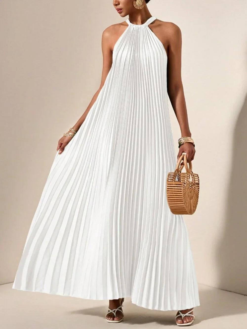 White Casual Women's Halterneck Sleeveless Pleated A-Hem Loose Maxi dress - Picture 7 of 8